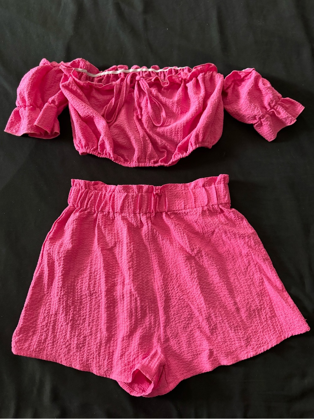 SHEIN Hot Pink Ruched Off-Shoulder Crop Top & Shorts Set